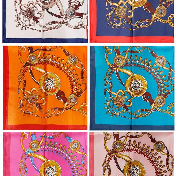 ASSORTED Two Tone Royal Emblem Print Faux Silk Square Scarf for wholesale on Faire