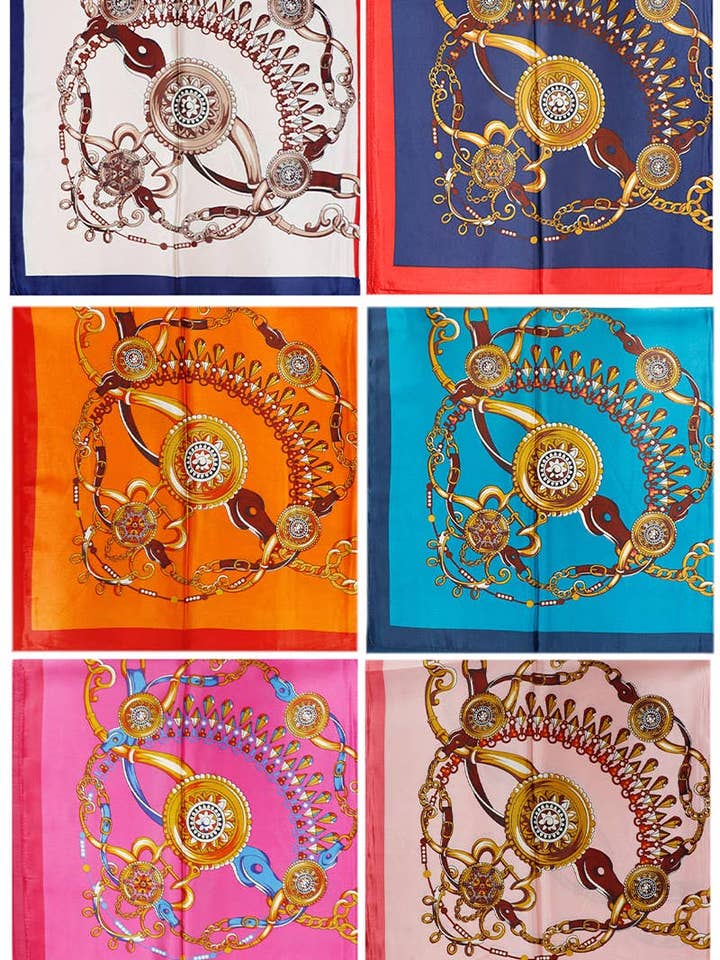 Two Tone Royal Emblem Print Faux Silk Square Scarf for wholesale by Cap Zone