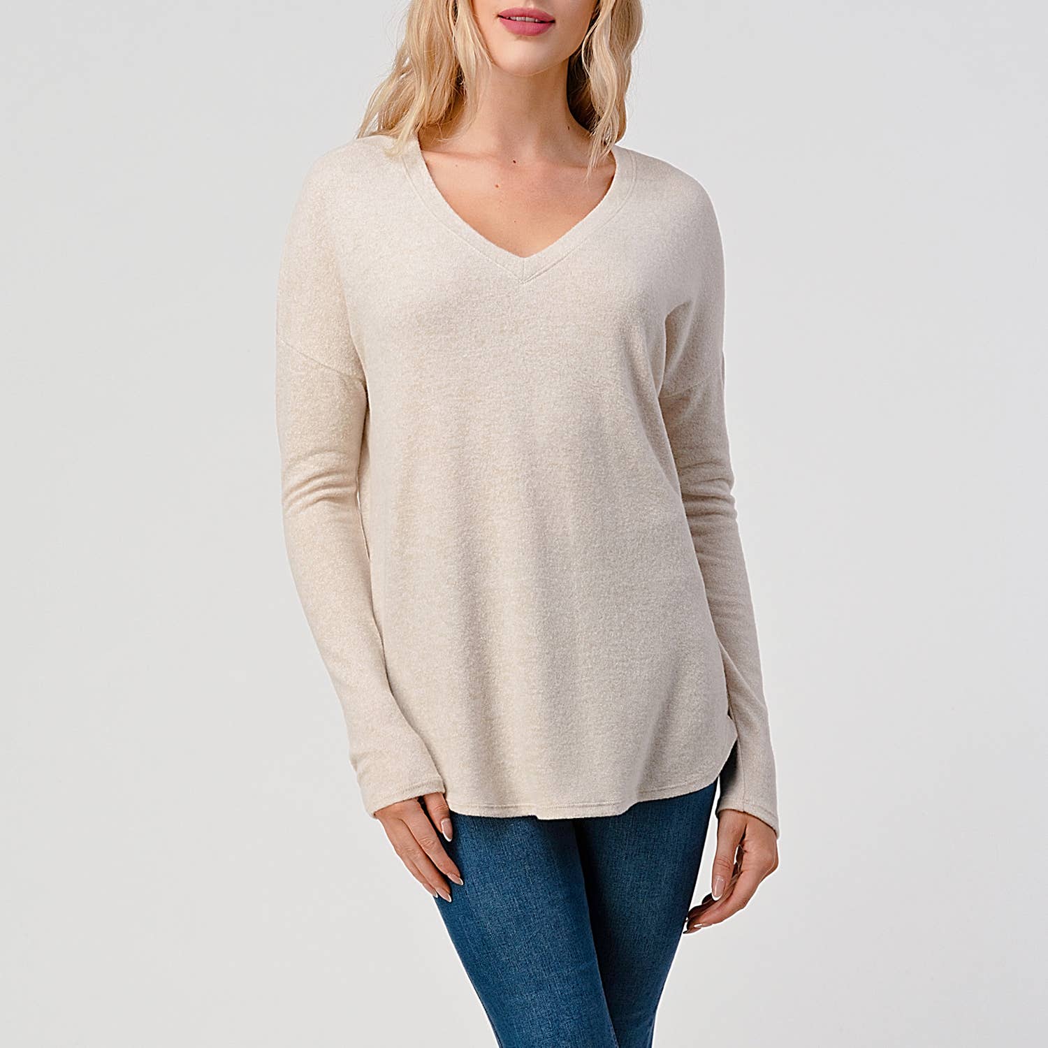 Heimious - Wholesale Knit Top - Women's - Long Sleeve V-neck Brushed Knit Top, 273877