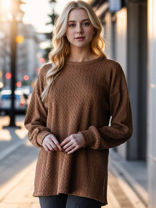HAUT EN TRICOT UNI À MANCHES LONGUES ET MANCHES BOUFFANTES ET7470-13 pour la vente par HEIMISH