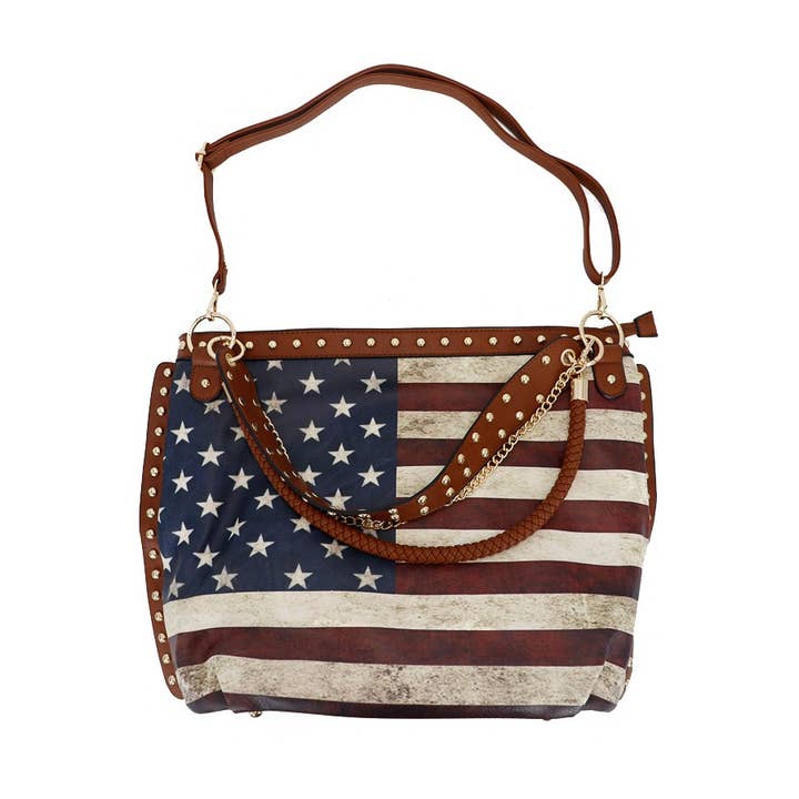 Cap Zone - Wholesale Shoulder Bag - Women's - Vintage American Flag Print Studded Gold Chain Hobo Bag
