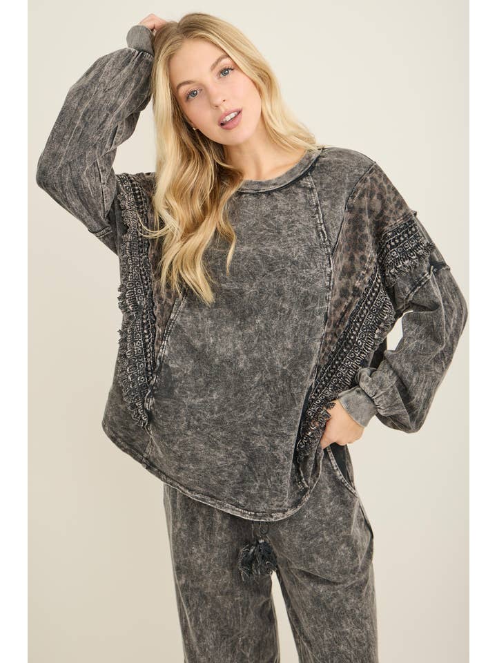 J.Her - Wholesale Blouse - Women's - Mineral Washed Cheetah Leopard Fringe tassel top HT672212