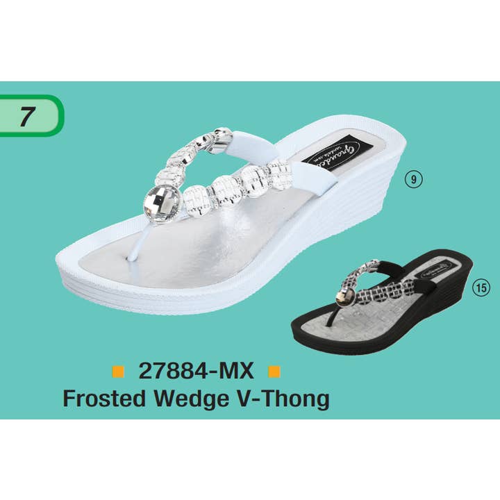 String en V à coin givré, 6-11, noir et blanc pour la vente par Grandco Sandals