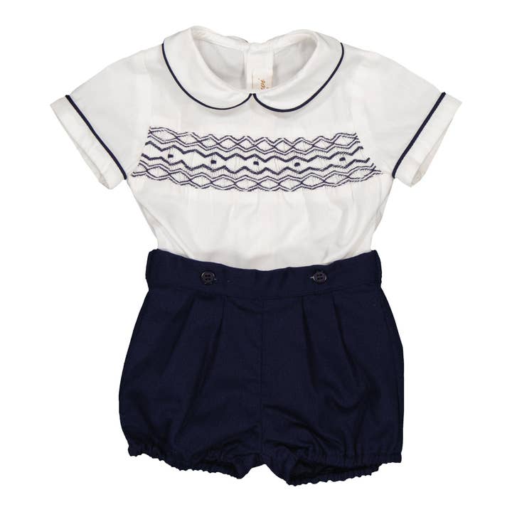 Barnabé, sæt i hvid poplin og marineblå bomuldspiqué for engroshandel hos Kidiwi handmade