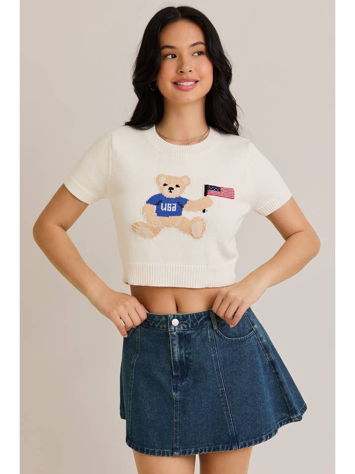White "TEDDY BEAR WITH USA FLAG" GRAPHIC CREW NECK SWEATER TOP for wholesale on Faire