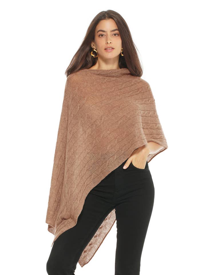 Women's Pure Cashmere Textured Knit Poncho Camel for wholesale by Monticelli Cashmere