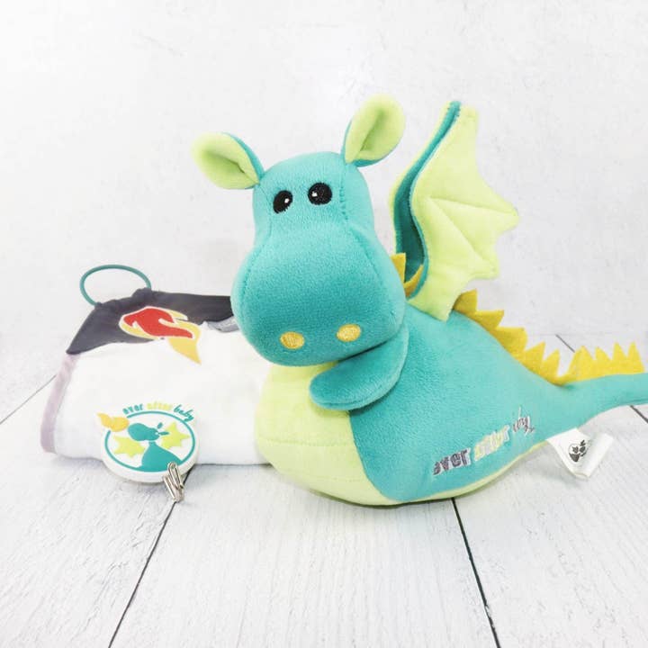 Ever After Baby - Vente Peluche – enfant et bébé - Peluche bébé dragon avec chiffon d'allaitement en mousseline, sarcelle
