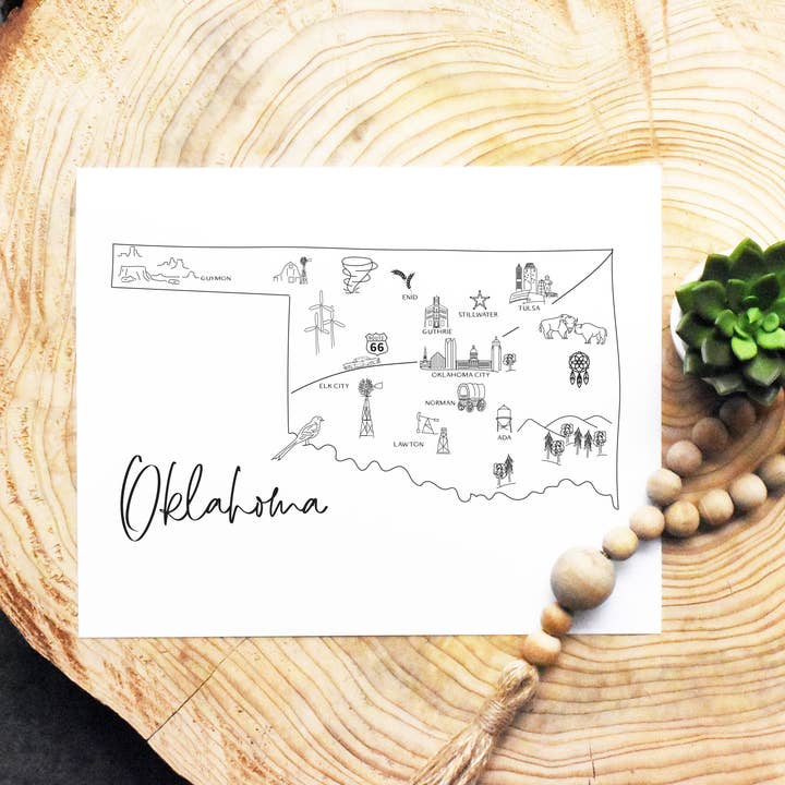 Croquis de l'Oklahoma - carte et points d'intérêt pour la vente par Simply Sketch Studio