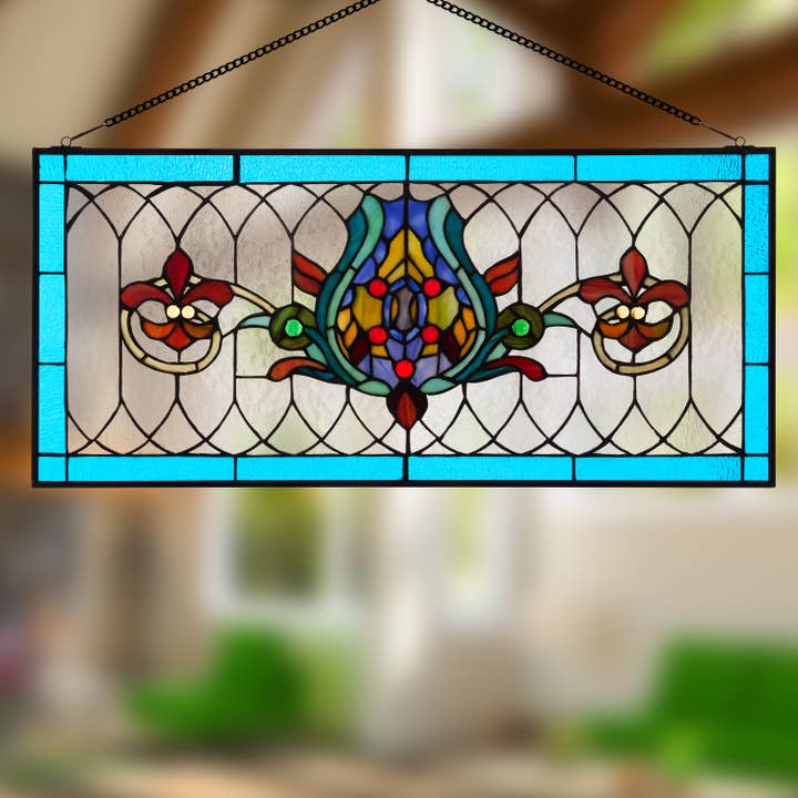 River of Goods - Wholesale Suncatcher - 30"L Fleur De Lis Victorian Stained Glass Pub Window Panel1