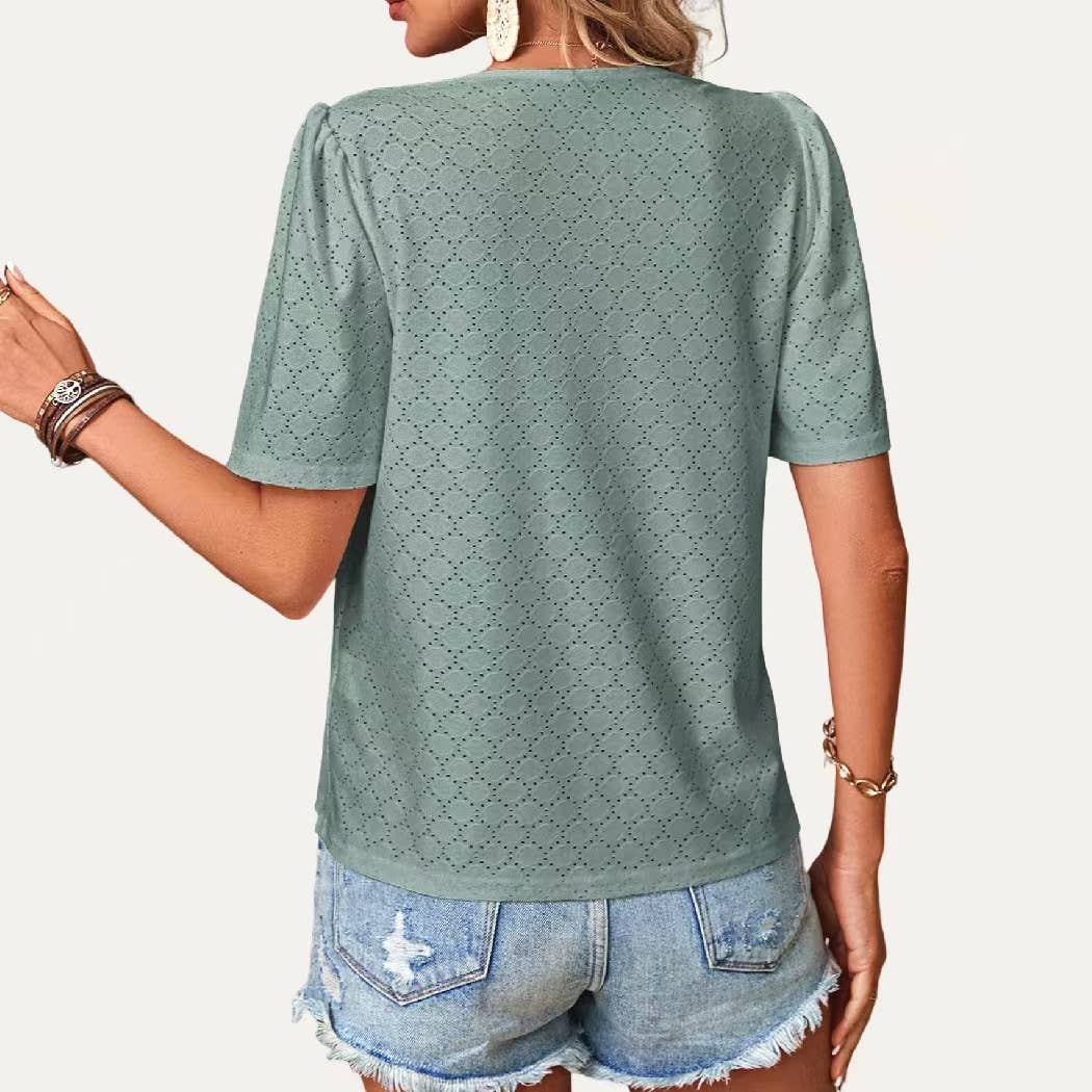 The Moment Collection - Wholesale Blouse - Women's - On-Trend Sheer V Neck Pierced Pointelle Short Sleeve Top1