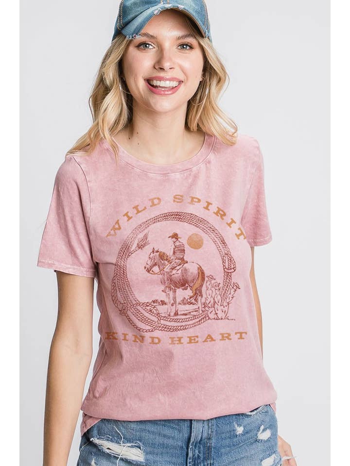 HRTandLUV - Wholesale Screen Printed T-Shirt - Women's - WILD SPIRIT KIND HEART COWBOY GRAPHIC MINERAL TOP3