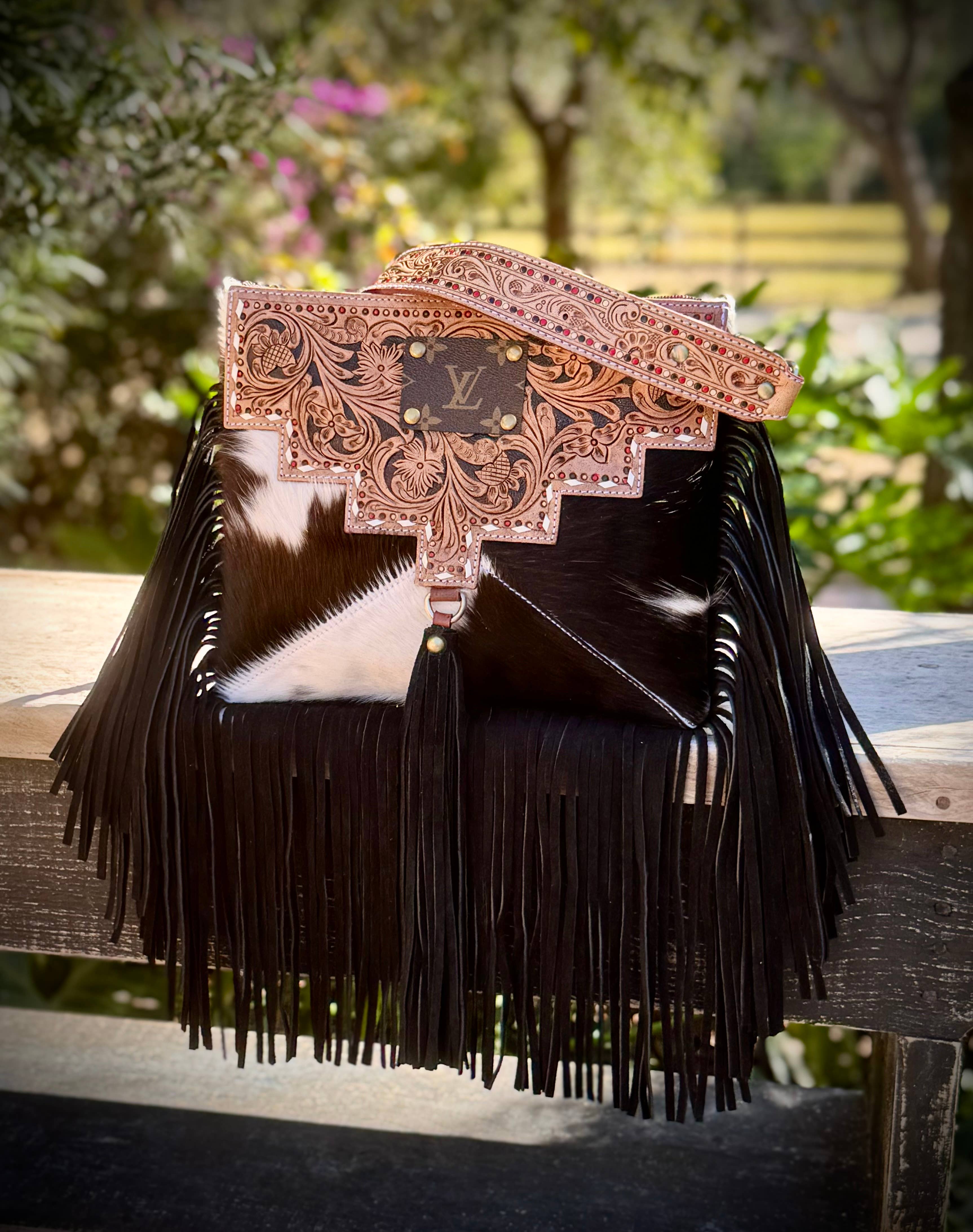 Southern Junkie Gypsy Boutique - Wholesale Crossbody Bag - Women's - Upcycled LV Cowhide Leather Fringe Crossbody Bag Western1