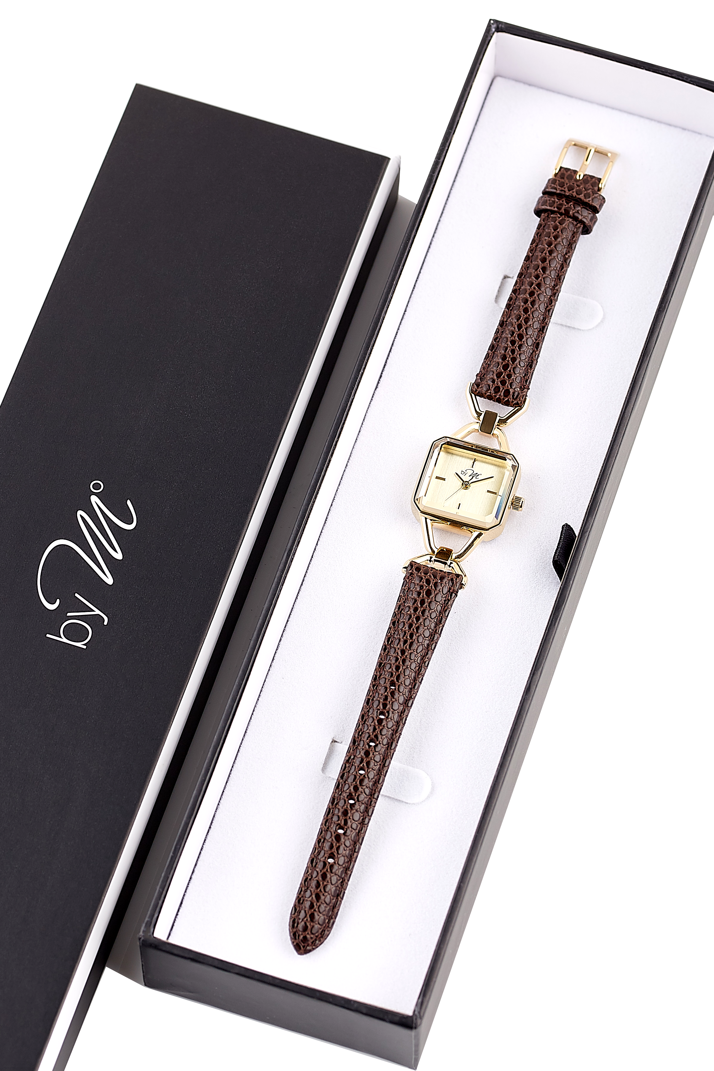 by M degrees - Wholesale Polshorloge - Dames - Vintage-geïnspireerd gouden vierkant horloge – Bruine leren band10