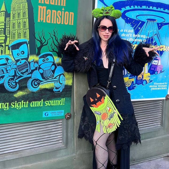 Weasel Wear - Wholesale Crossbody Bag - Women's - Mini Pumpkin Barf Bag - Faux-Leather Jack-o’-Lantern Fringe Purse with Neon Green “Pumpkin Guts” (Trick-or-Treat Gone Wrong Edition)1