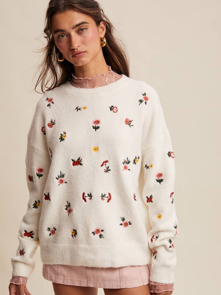 Blommig Broderad Stickad Tröja LSW0992 för wholesale av Listicle