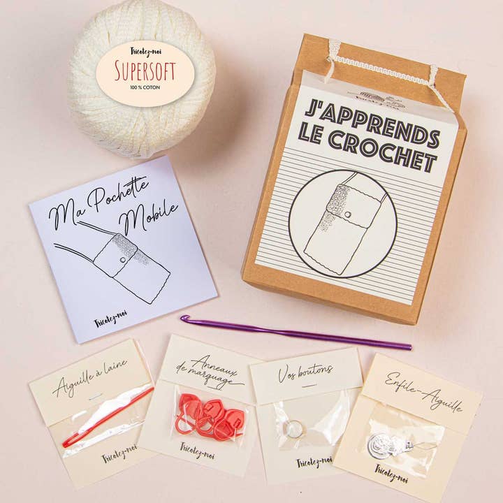 Box I'm learning to crochet Cream-colored mobile pouch for wholesale by Tricotez-moi