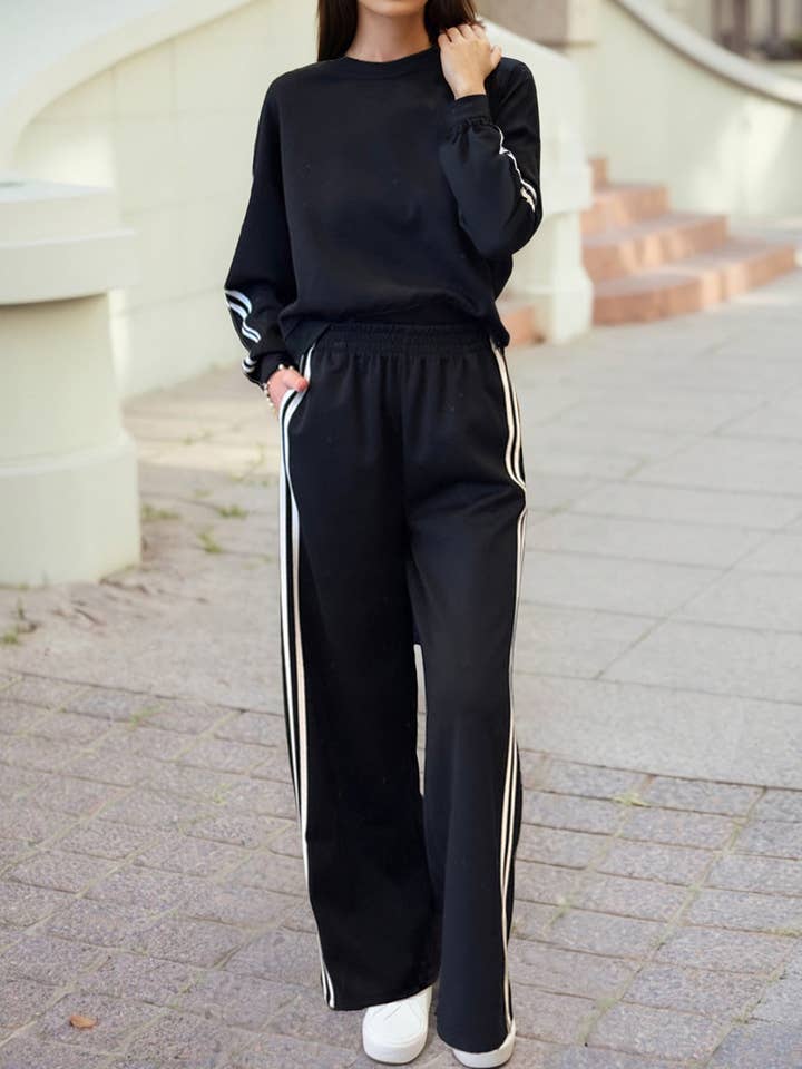 1 the Woman - Wholesale Top & Pant Set (NOT Loungewear) - Women's - Varsity Striped Cropped Pullover Wide Leg Pants 2pcs Outfit5