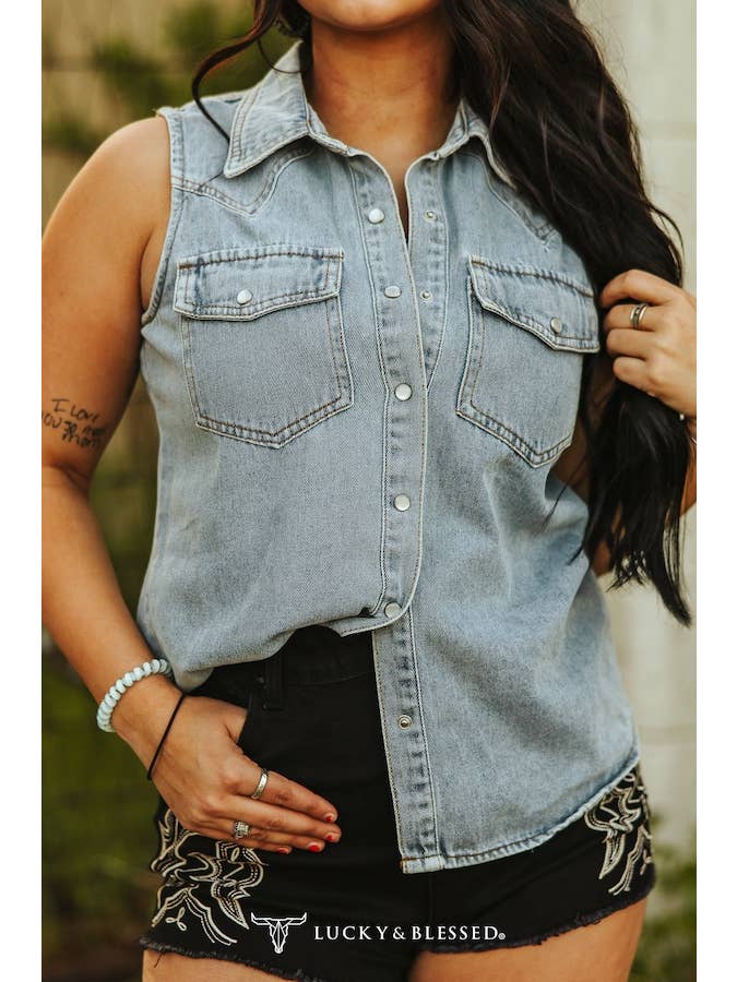 LUCKY & BLESSED - Wholesale Button Down Shirt - Women's - Plus Size Vintage Acid Wash Sleeveless Western Denim Shirt