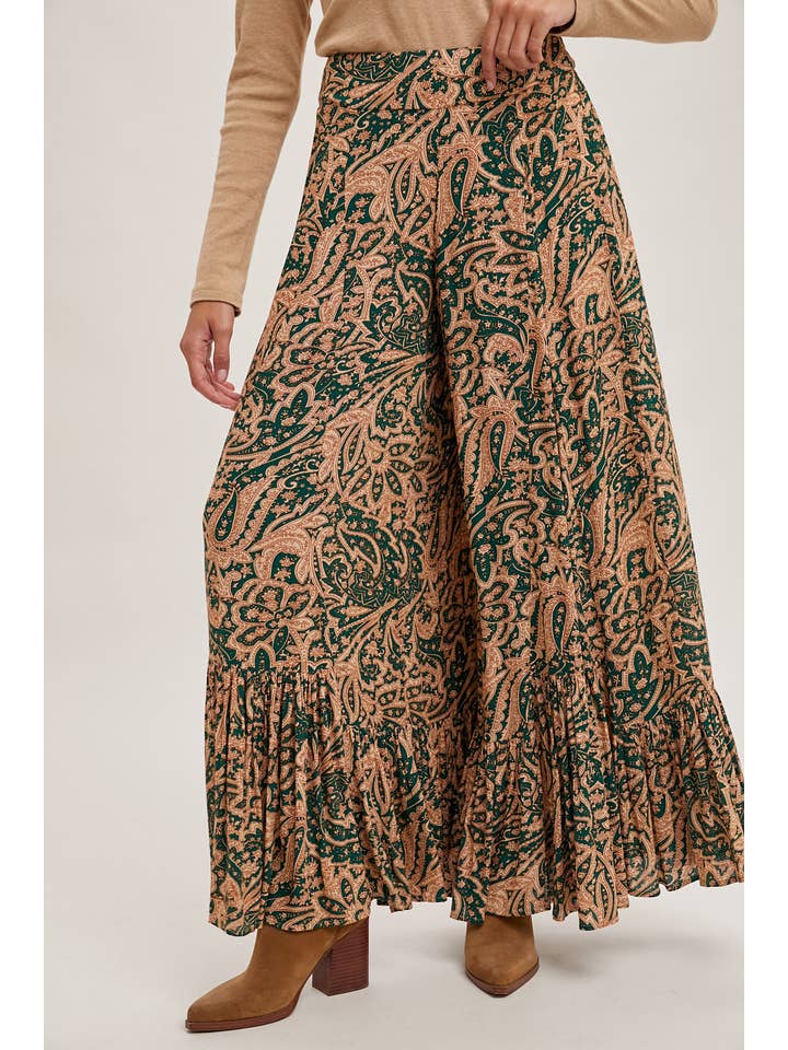 Bluivy - Wholesale Pants - Women's - PAISLEY PRINT WIDE RUFFLED PANTS3