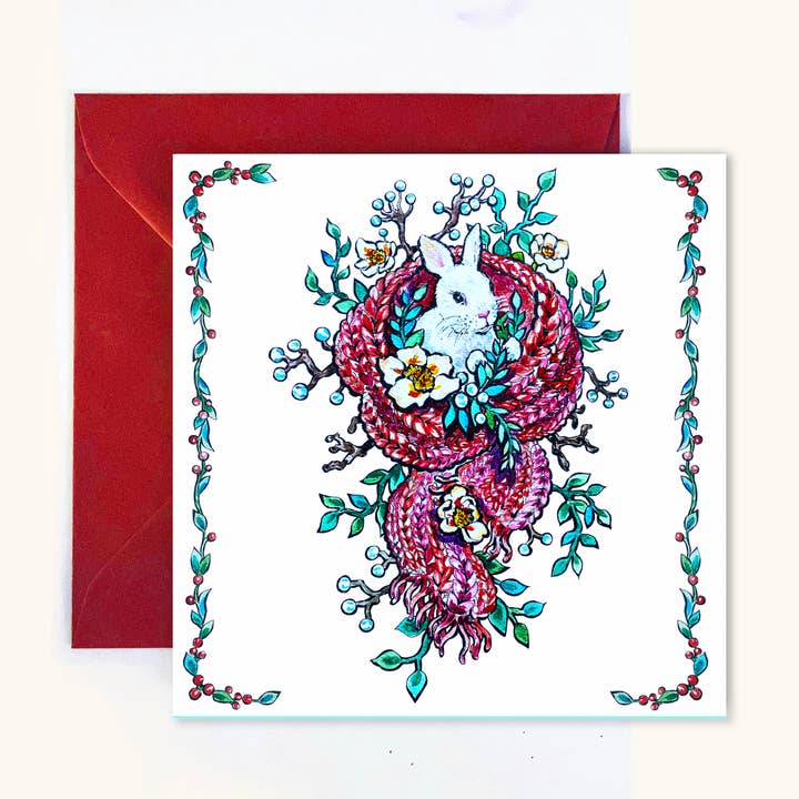 Cosy Christmas Scarf Card. Festive Bunny in Scarf Card for wholesale by Wind On Paper