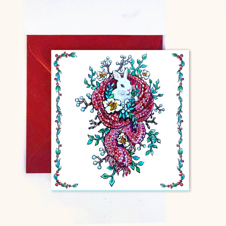 Cosy Christmas Scarf Card. Festive Bunny in Scarf Card for wholesale by Wind On Paper