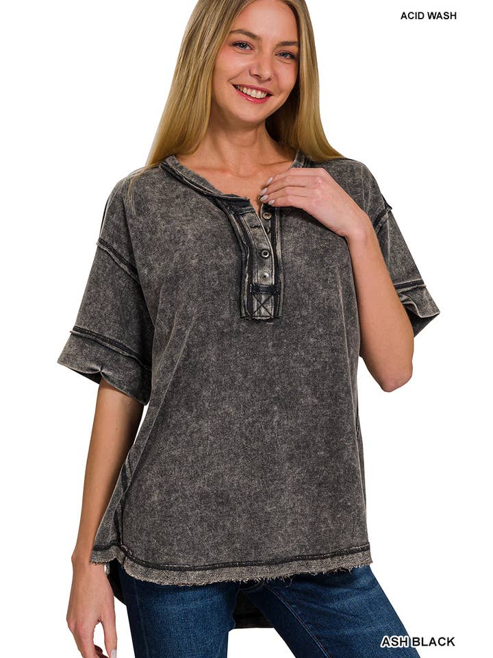 42POPS - Wholesale Knit Top - Women's - ',, Washed Raw Edge Detailed Button Closure Top