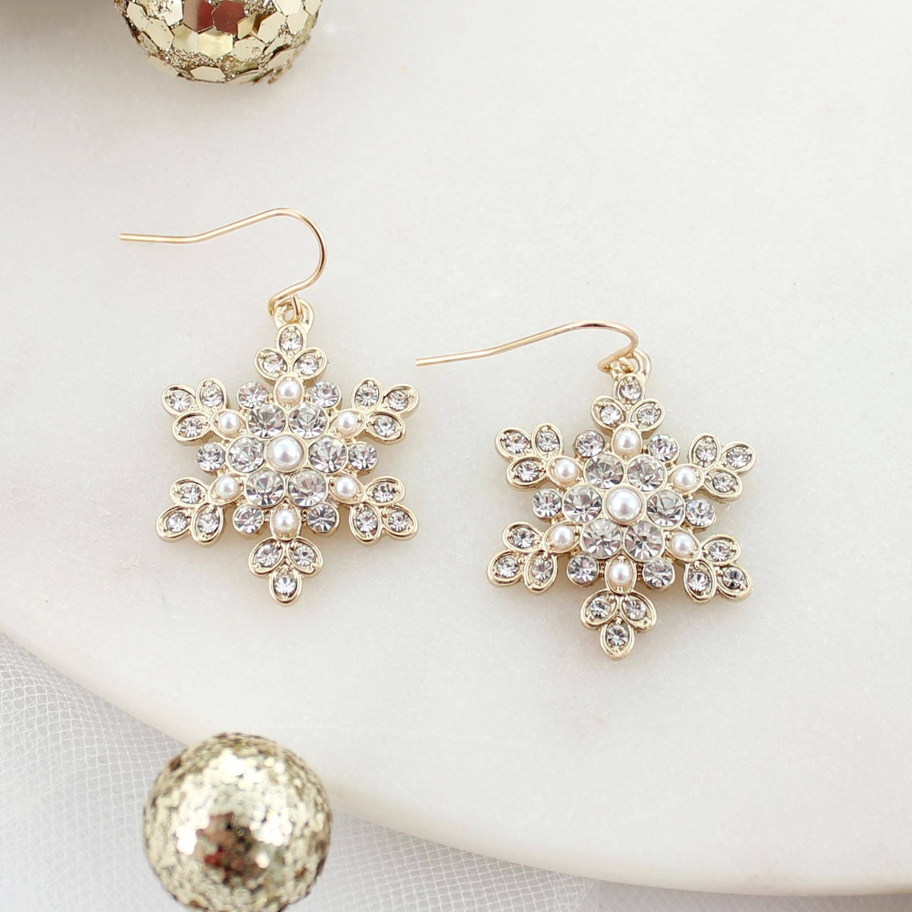 Seasons Jewelry - Wholesale Dangle earrings - Gold Pearl & Crystal Snowflake Christmas Earrings