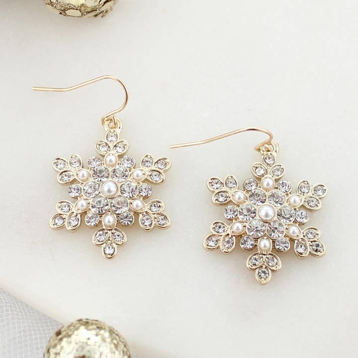 Seasons Jewelry - Wholesale Dangle earrings - Gold Pearl & Crystal Snowflake Christmas Earrings0