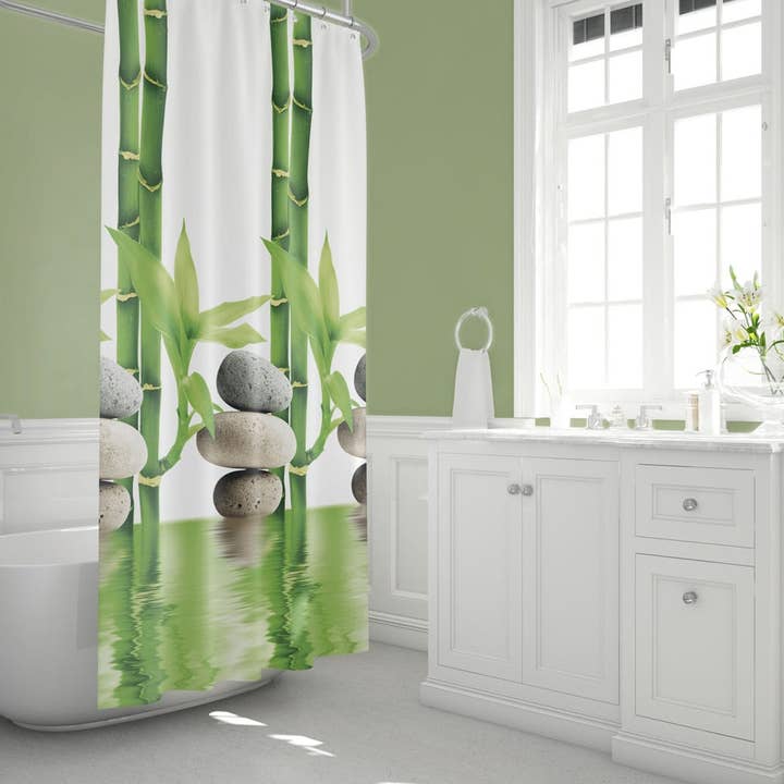 TROPIK HOME - Venta al por mayor Cortinas de ducha - Cortina de ducha de baño de tela extra larga de bambú y piedras2