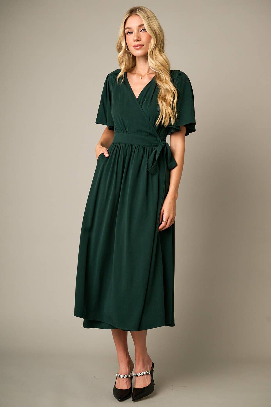 mittoshop - Wholesale Dress - Women's - FLUTTER SLEEVE WAIST TIE WRAP MIDI DRESS17