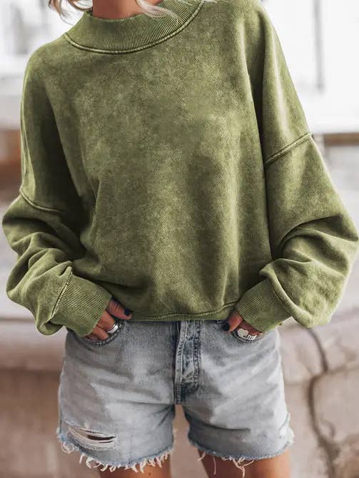 Lovesoft - Wholesale Sweatshirt - Women's - Green Drop Shoulder Crew Neck Pullover Sweatshirt