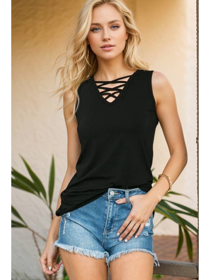 Burgundy Apparel - Wholesale Tank Top - Women's - CHEST CRISS CROSS SLEEVELESS TANK TOP