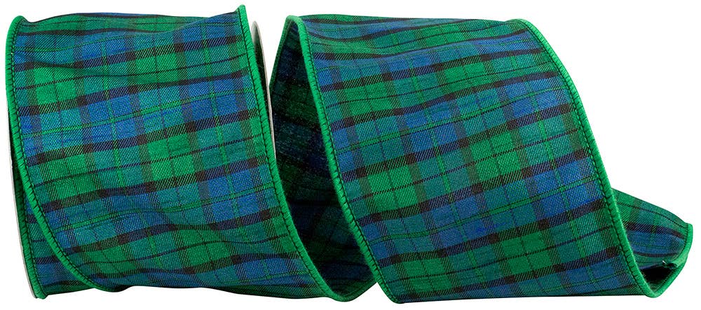 RELIANT RIBBON - Wholesale Ribbon - Gift Wrapping - Black Watch Tartan Plaid Wired Edge, Blue/green, 4 In