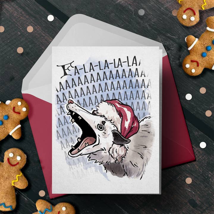 Aaron Millard Illustration - Venta al por mayor Tarjetas de Navidad - Tarjeta de Navidad divertida con memes de zarigüeyas estresadas con texto «Fa La L-AAAA»