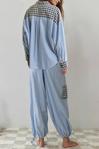 Rosa Clothing - Wholesale Sleepwear Set - Women's - Pink plaid patchwork loose pajama set8