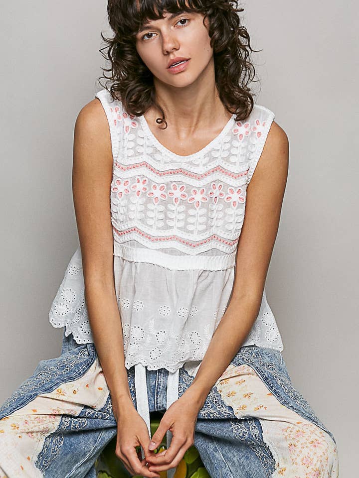 Sleeveless Eyelet Contrast Border Detail Crochet Top for wholesale by Pol Clothing