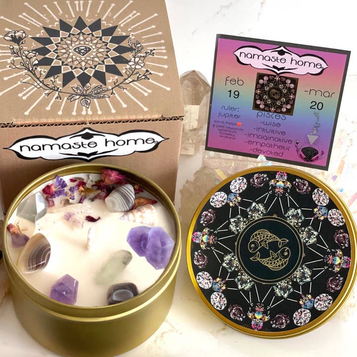 Namaste Home - Wholesale Travel Candles - Pisces Crystal Candle, Zodiac Candle w/ Gemstones + Herbs
