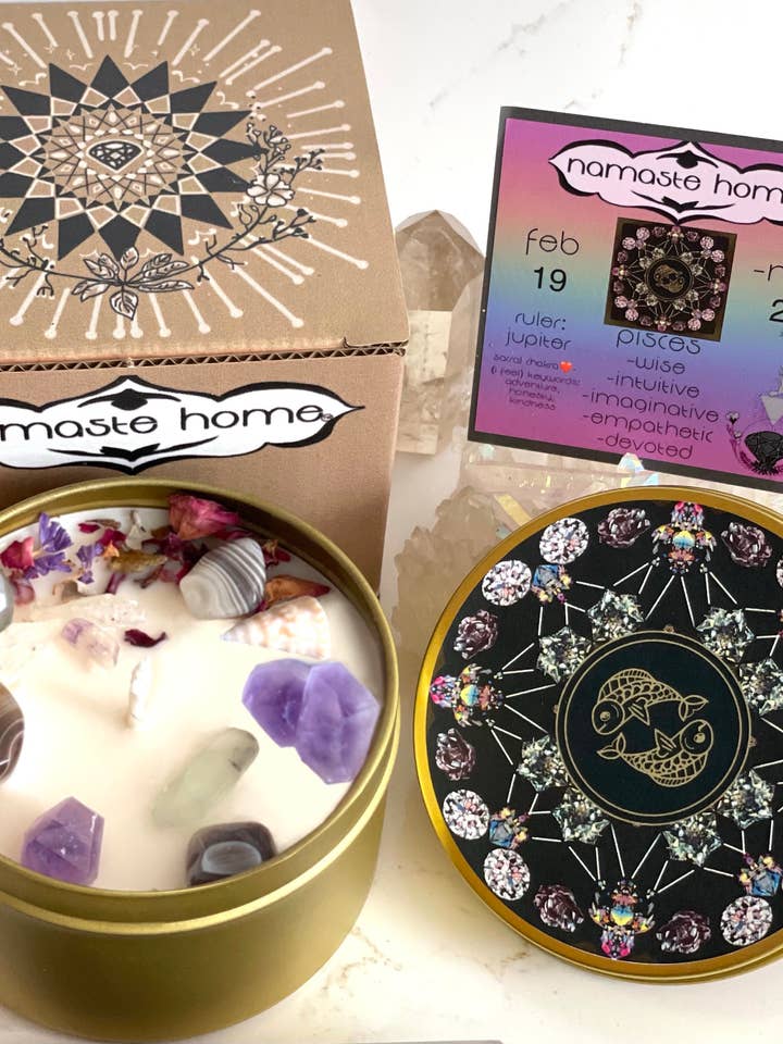 Pisces Crystal Candle, Zodiac Candle w/ Gemstones + Herbs for wholesale by Namaste Home