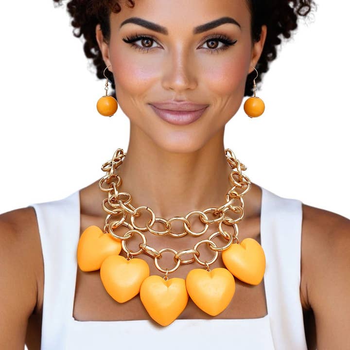 Bib Chunky Orange Wooden Heart Bead Necklace for wholesale by PinktownUSA