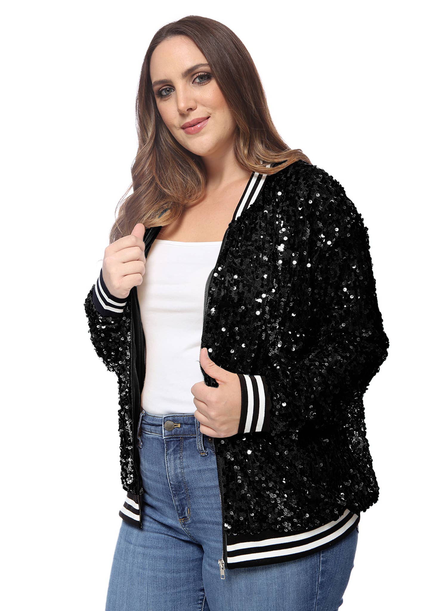 Anna Kaci Wholesale - Wholesale Bomber Jacket - Women's - Plus Size Sequin Bomber Jacket57
