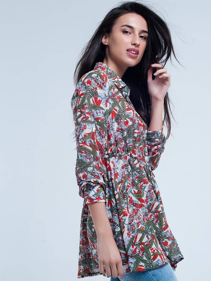 Rood shirt met blad- en bloemenprint voor wholesale door Q2—All Orders:Free Duties for the US,UK,and Canada