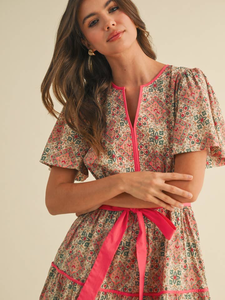 &MERCI - Wholesale Dress - Women's - CONTRAST BINDING PRINTED MIDI DRESS MDR3821