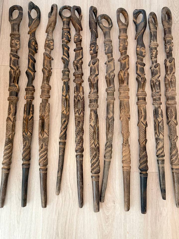 Hand-Carved African Tribal Walking Sticks with Figurines for wholesale by Marrakech Bazaar
