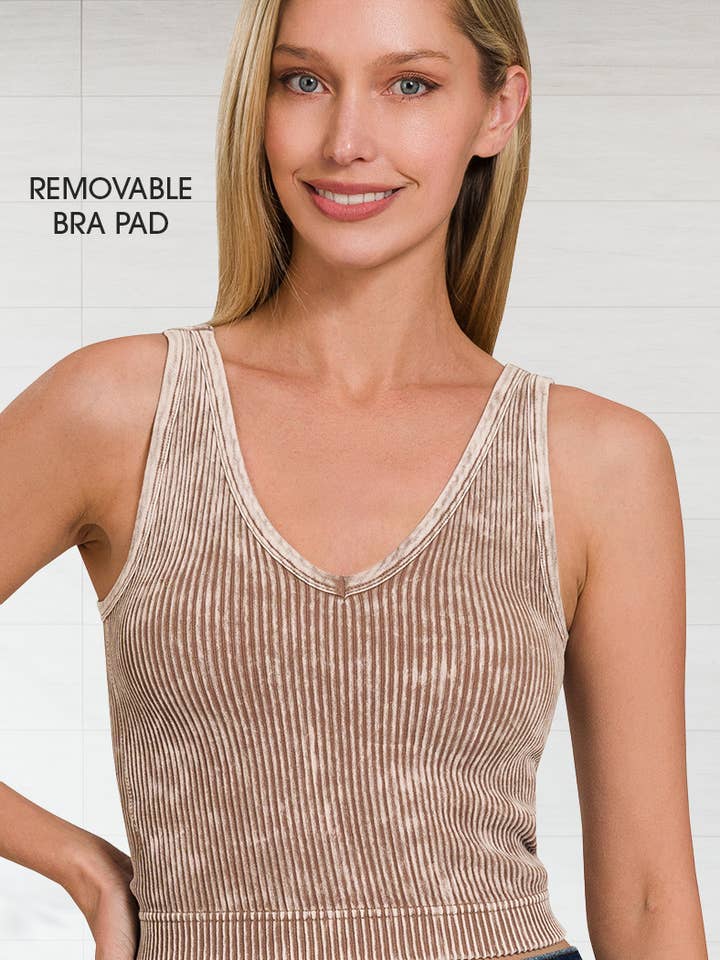 42POPS - Wholesale Tank Top - Women's - `.WASHED RIB CROP V-NECK TANK w/ removable bra2
