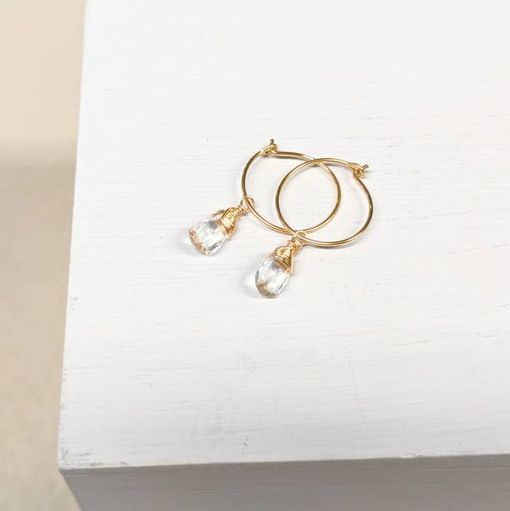 Forai - Wholesale Hoop Earrings - Aqua Quartz Charm Mini Hoop Earrings in 14k Gold Filled2