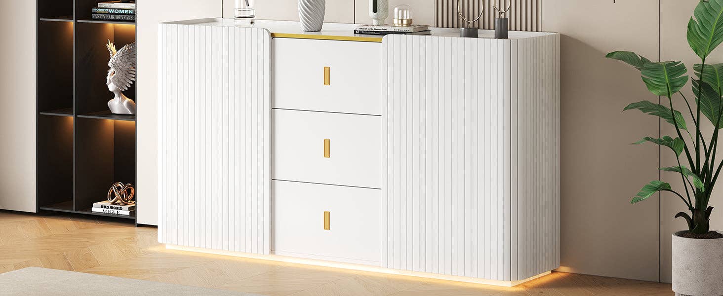 Urban Meuble – Aparador por atacado – Buffet branco elegante 2 portas, 2 gavetas com iluminação LED 150*35*80cm KRAUDREL18