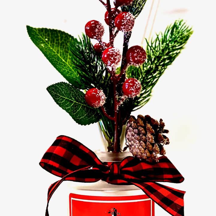 HOLIDAY Reed Diffuser with Holly and Pine Sprig for wholesale by Plaid Rooster Co