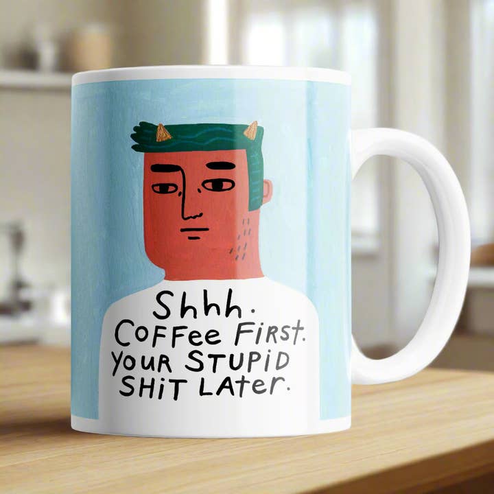 Shhh Coffee First Grumpy Bastard Mug for wholesale by Disrupted Industries