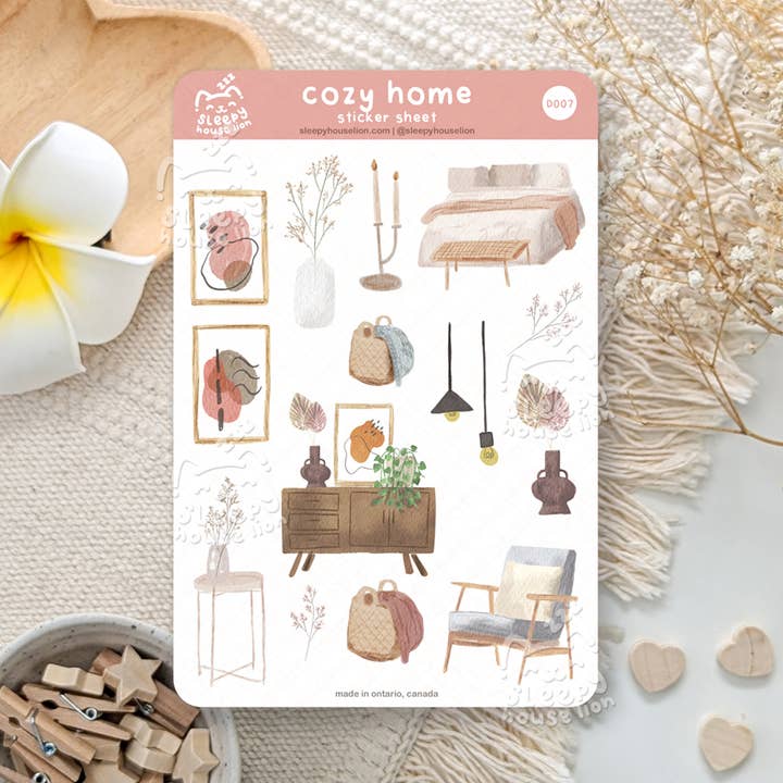 Warm and Relaxing Homebody Cozy Home Vinyl Sticker Sheet for wholesale by Sleepy House Lion