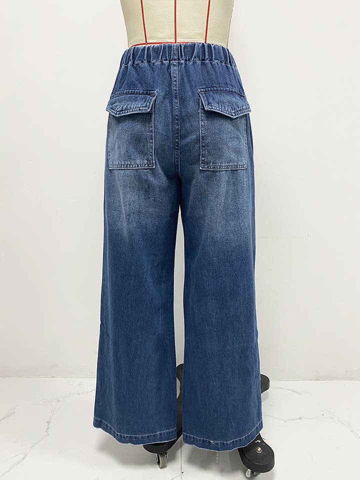 BLUE STRAIGHT-LEG WIDE-LEG PLEATED BAGGY JEANS for wholesale on Faire6